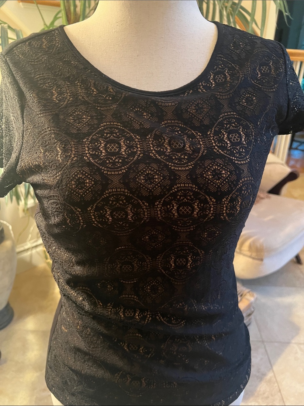 INC International Concepts Black Lace Short Sleeve Tee